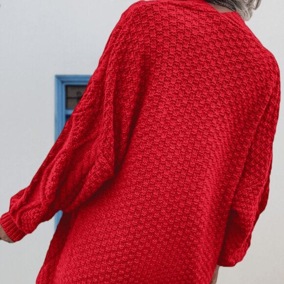 Red Casual Womens Oversized Cable Knit Open Front Lantern Sleeve Chunky Cardigan - Picture 3 of 5